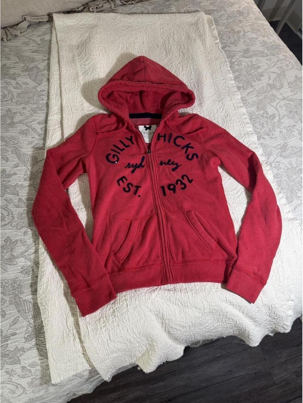 gilly hicks red and blue sequined zip up hooded jacket